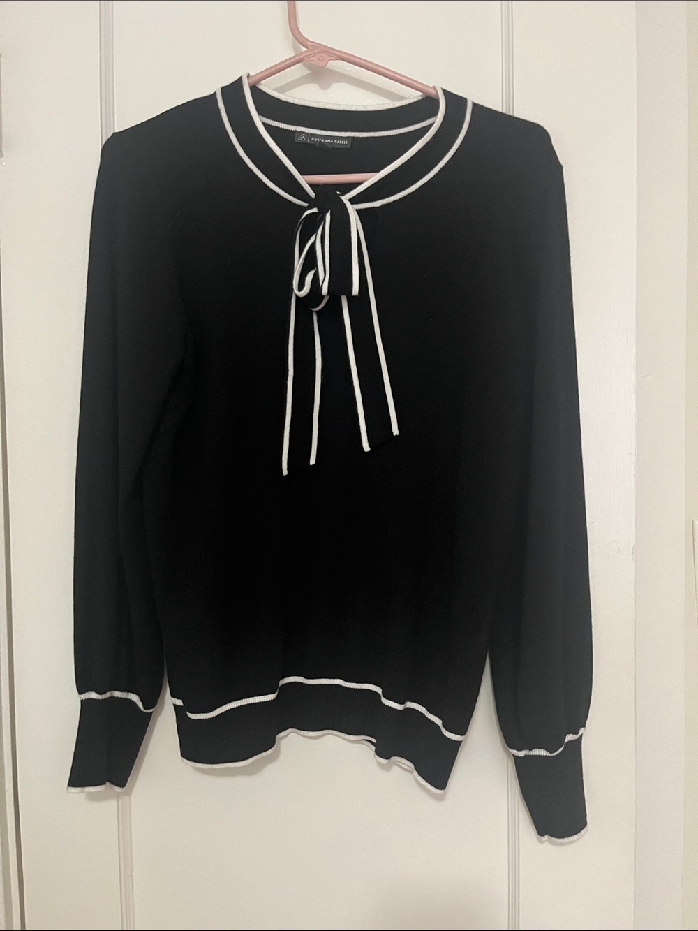 Adrianna Papell Black Sweater with White Trim and Neck Tie